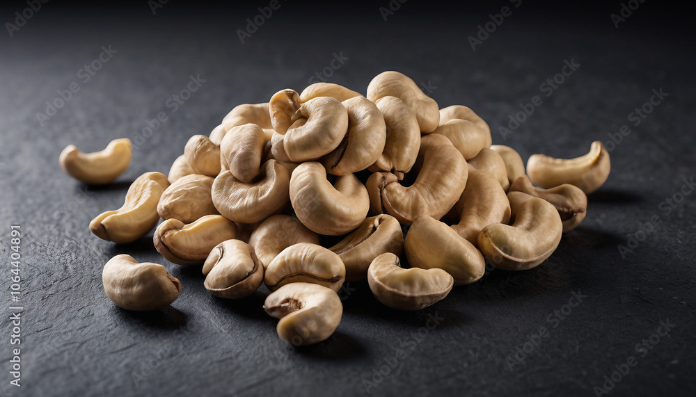 A small pile of cashew nuts on black grey background. Suitable for marketing or business purposes. Panoramic banner with place for text A small pile of cashew nuts on black grey background. Suitable for marketing or business purposes. Panoramic banner with place for text
