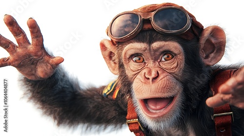 A playful and mischievous monkey dressed in a pilot s uniform with aviator glasses and cap ready to embark on a whimsical adventure against a clean white watercolor background photo