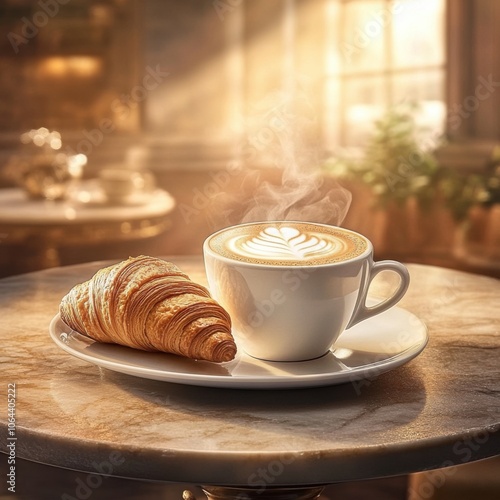 A warm cup of coffee with a beautifully designed latte art, accompanied by a fresh, flaky croissant on a sunny table. photo