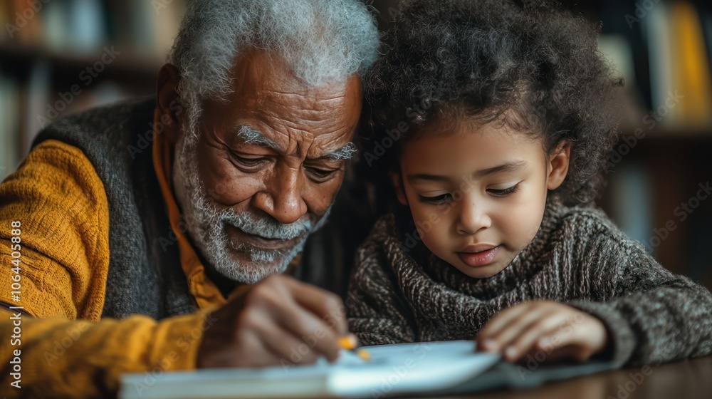 A grandparent helping a child with homework at the kitchen table. A grandparent helping a child with homework at the kitchen table.