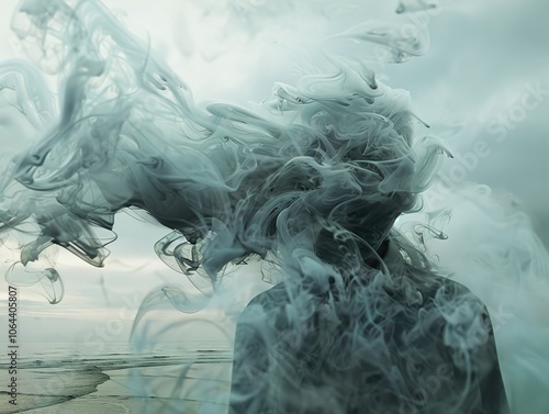 Abstract Smoke Art: A Surreal Silhouette of a Human Figure Disappearing in Fog photo