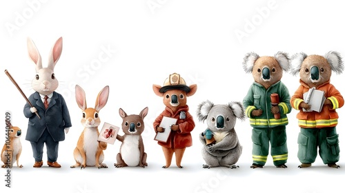 Diverse collection of animals including a rabbit as a judge a deer as an a koala as a firefighter set on a simple white background in vibrant watercolor photo