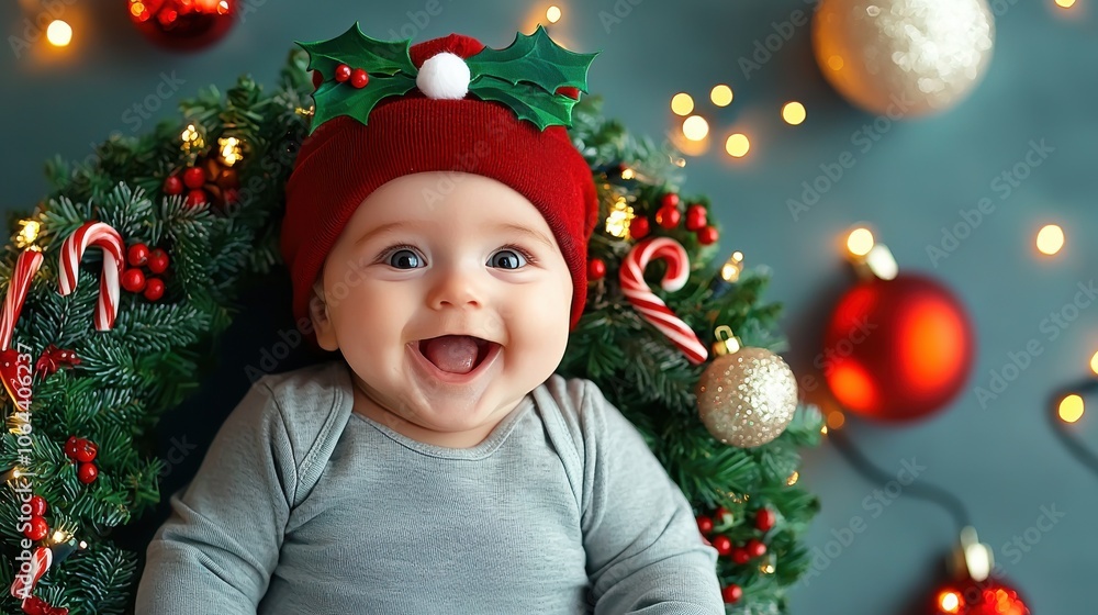 Joyful Baby Nestled in Festive Christmas Wreath Joyful Baby Nestled in Festive Christmas Wreath