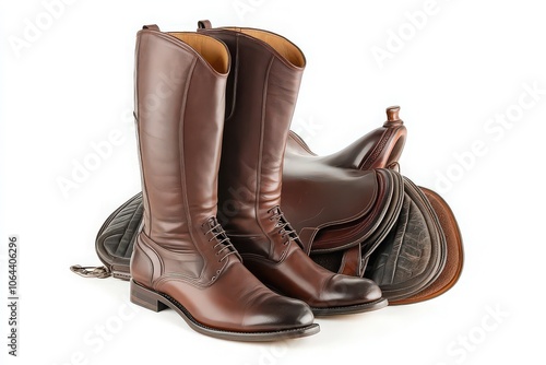 Brown Riding Boots Next to Saddle photo