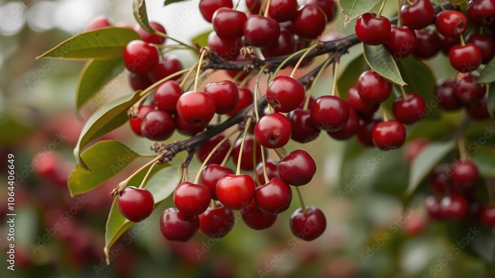 A delicate branch heavy with small, juicy cherries that are just beginning to ripen, fruit, cherries, greenery A delicate branch heavy with small, juicy cherries that are just beginning to ripen, fruit, cherries, greenery