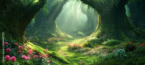 Enchanted Forest: Exotic Fantasy Landscape with Trees, Flowers, Sunlight Shadows, Creepers, Arch 3D Illustration