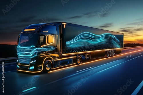 Futuristic truck with autopilot technology delivering goods to a smart warehouse.
