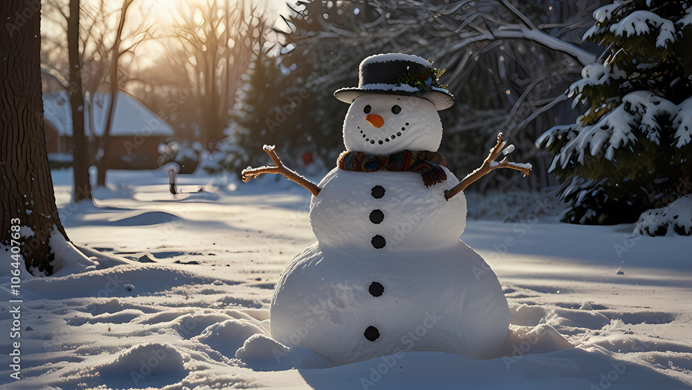Fototapeta premium Snowman in the yard full of snow