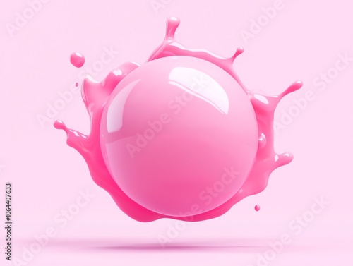 A vibrant pink sphere surrounded by a splash of pink liquid, creating a dynamic and playful visual effect on a soft pink background. photo