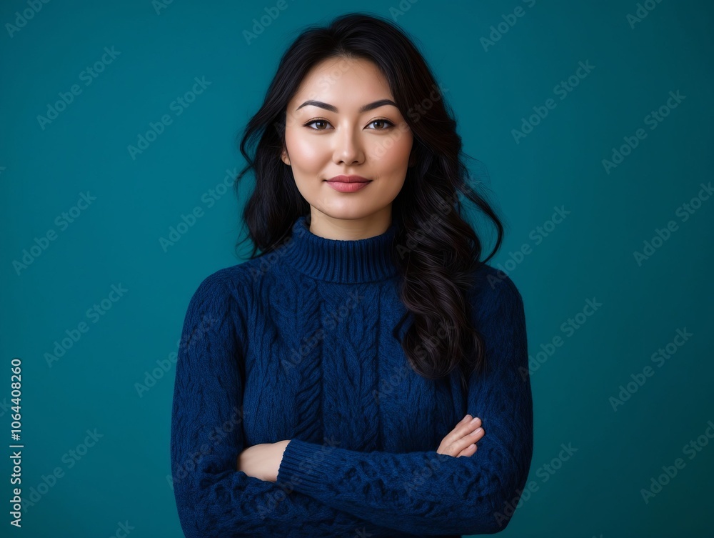 Fototapeta premium A woman in a blue sweater with her arms crossed