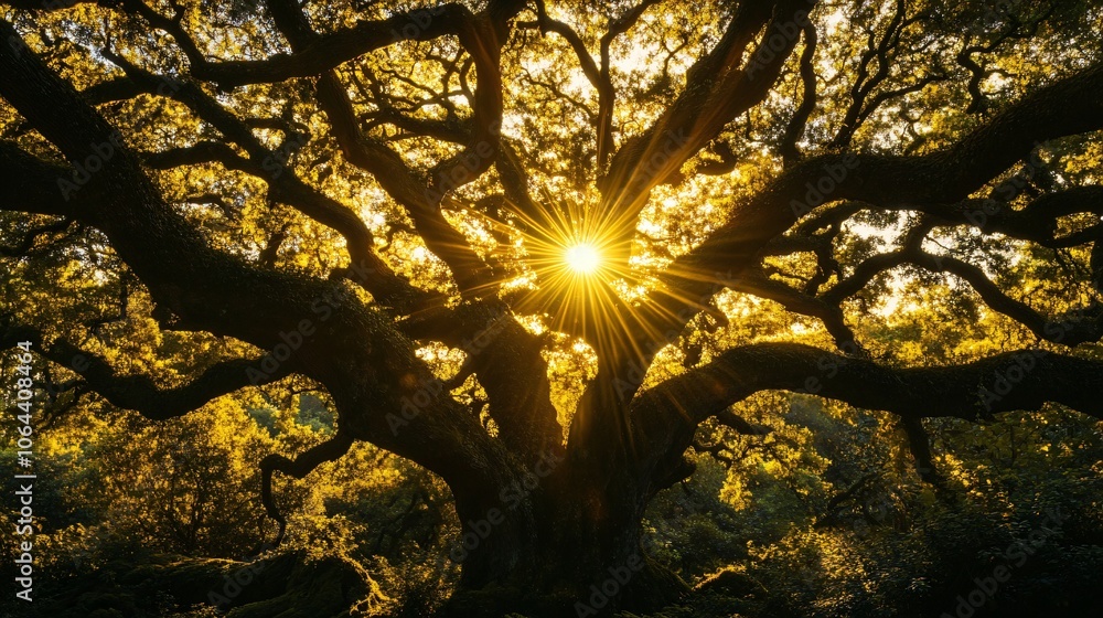 Majestic Oak Tree Silhouette with Sunburst Majestic Oak Tree Silhouette with Sunburst