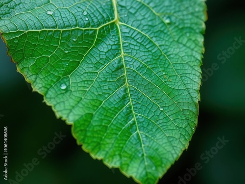 A delicate leaf with intricate veins appears as if infused with a network of tiny water channels, dew drops, outdoor photography, greenery