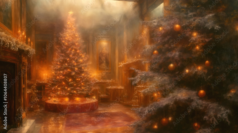Magical Christmas interior with illuminated trees in a luxurious room, creating a warm and cozy atmosphere with golden light and decorative ornaments. Magical Christmas interior with illuminated trees in a luxurious room, creating a warm and cozy atmosphere with golden light and decorative ornaments.