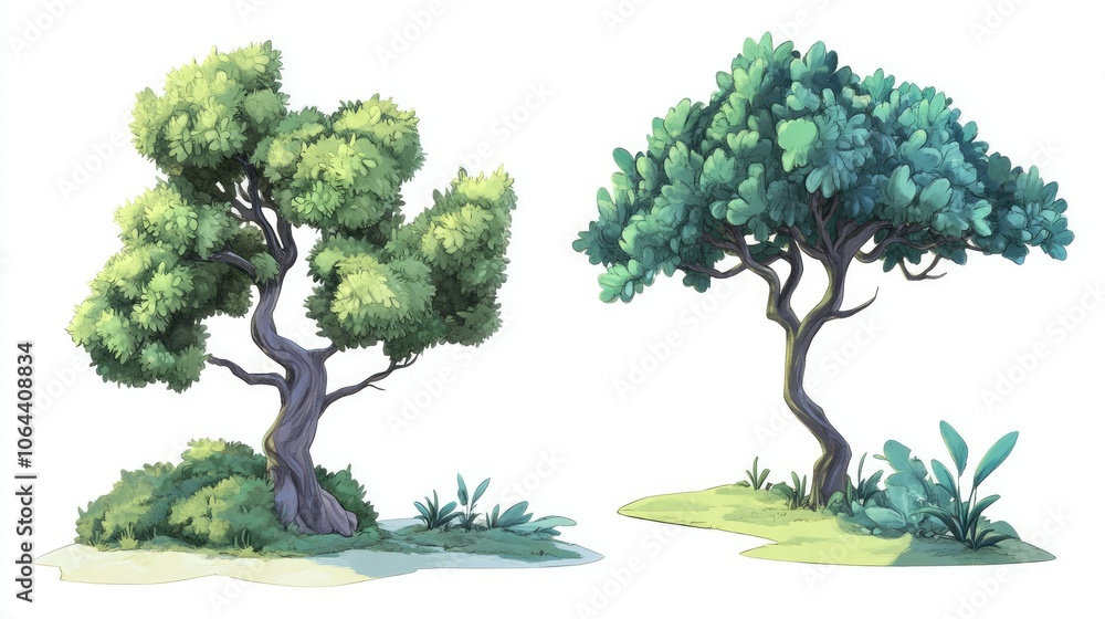 Cartoon Trees with Lush Green Canopies Cartoon Trees with Lush Green Canopies