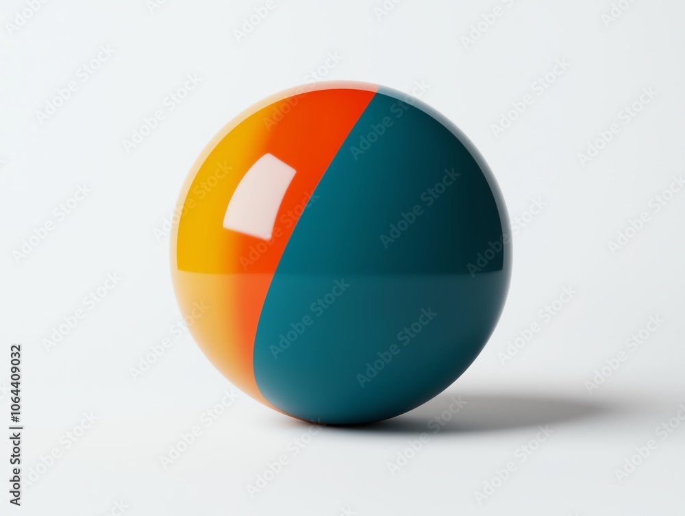 A vibrant, glossy sphere divided into two colors: orange and teal, resting on a smooth, white surface. The lighting creates reflections, enhancing its dynamic appearance. A vibrant, glossy sphere divided into two colors: orange and teal, resting on a smooth, white surface. The lighting creates reflections, enhancing its dynamic appearance.