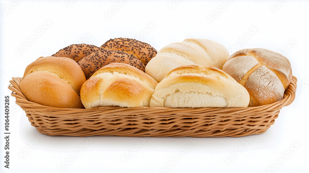 Bread and rolls in wicker basket isolated on white Bread and rolls in wicker basket isolated on white