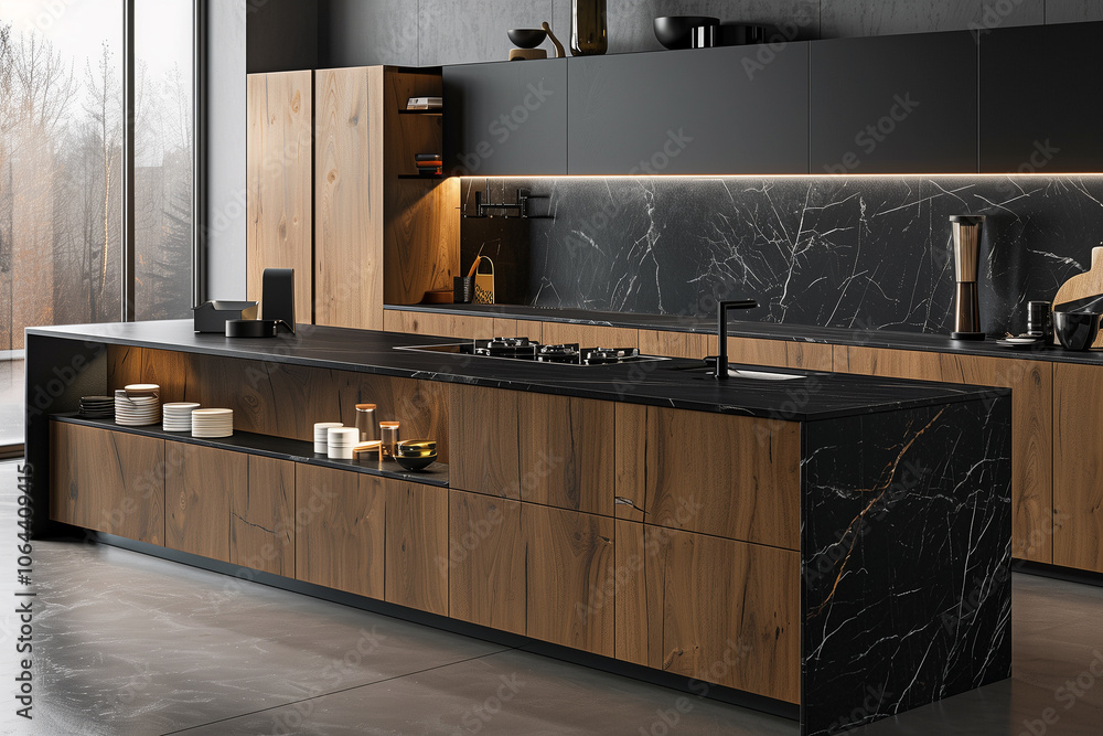 Modern kitchen with a black marble countertop, natural wood cabinets ...