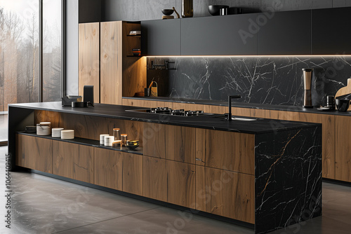 Modern kitchen with a black marble countertop, natural wood cabinets, and open shelving for a minimalist, sleek design. interior design 