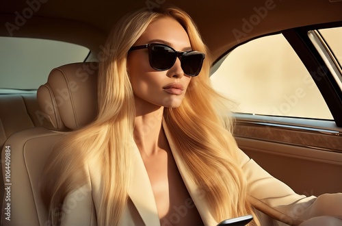 A woman sitting in the back seat of a car wearing sunglasses