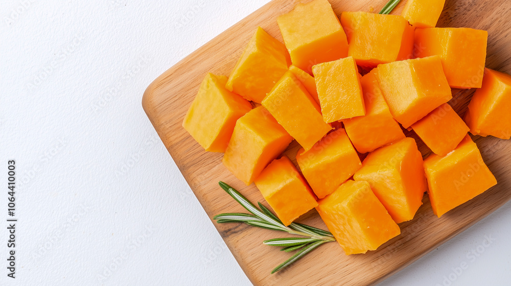 Bright orange sweet potato cubes arranged on a rustic wooden platter. Fresh rosemary adds flavor and elegance. Perfect for healthy recipes and food styling. Ideal for cooking inspiration Bright orange sweet potato cubes arranged on a rustic wooden platter. Fresh rosemary adds flavor and elegance. Perfect for healthy recipes and food styling. Ideal for cooking inspiration