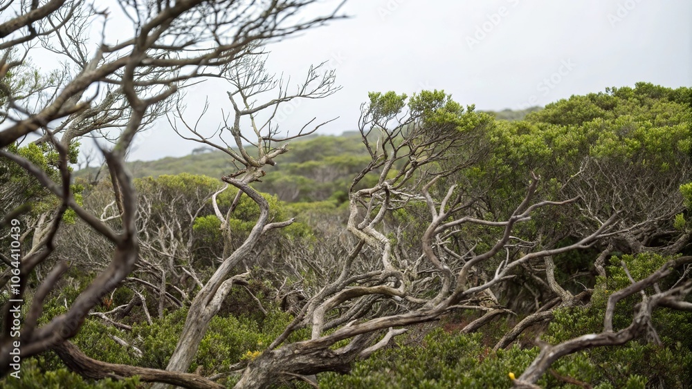 A dense thicket of twisted, gnarled tree branches, dark, earthy scent A dense thicket of twisted, gnarled tree branches, dark, earthy scent