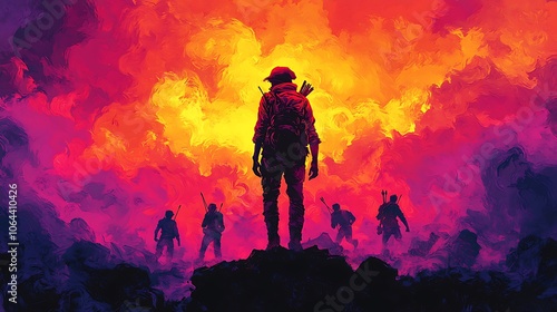 A lone soldier stands against a fiery, apocalyptic sky, with a group of other soldiers behind him. They stand on a rocky terrain, a dark and dangerous landscape surrounding them.