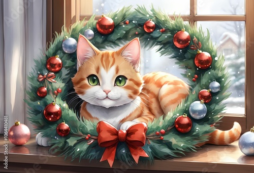 Cat and Christmas wreath