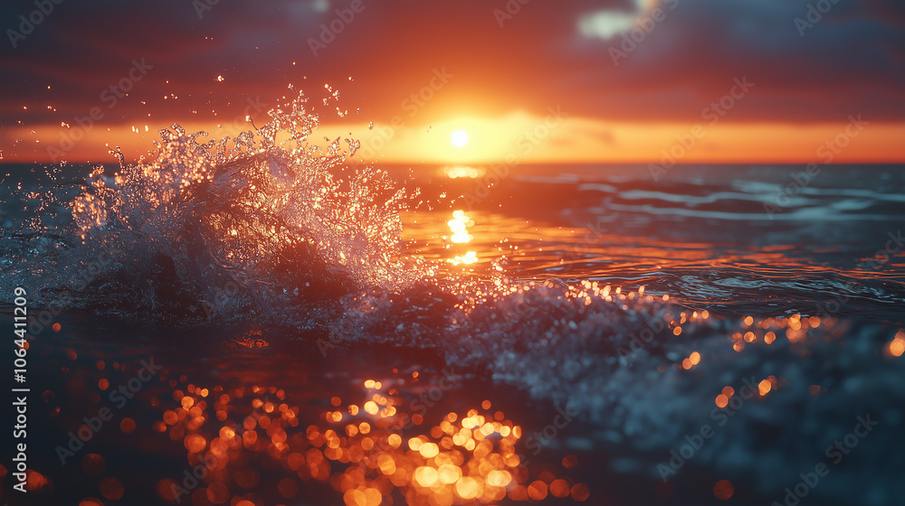 Fototapeta premium Golden sunset over the ocean with waves splashing and reflecting warm sunlight