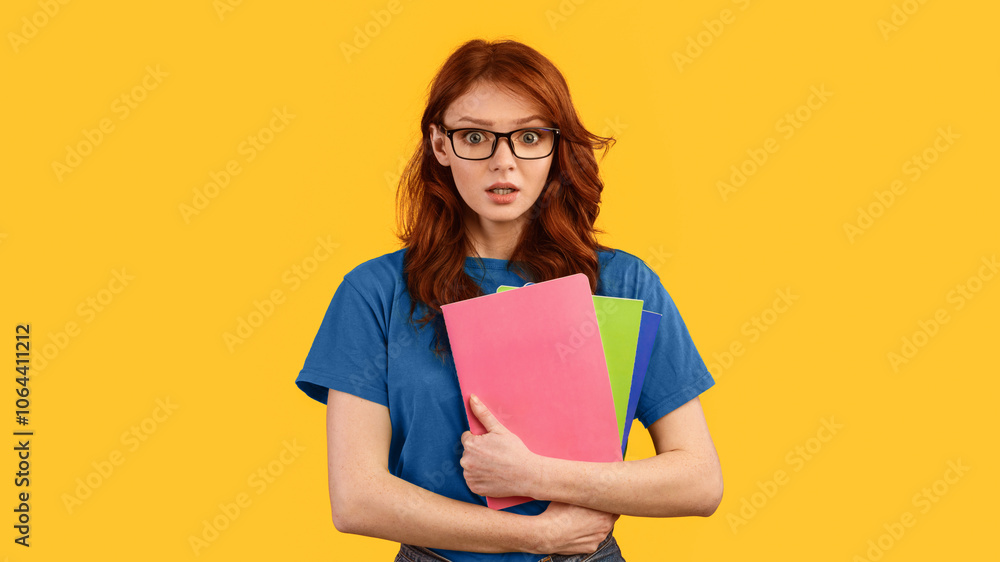 End-of-semester exams. Shocked student girl in eyeglasses holding books standing on yellow studio background. Panorama End-of-semester exams. Shocked student girl in eyeglasses holding books standing on yellow studio background. Panorama