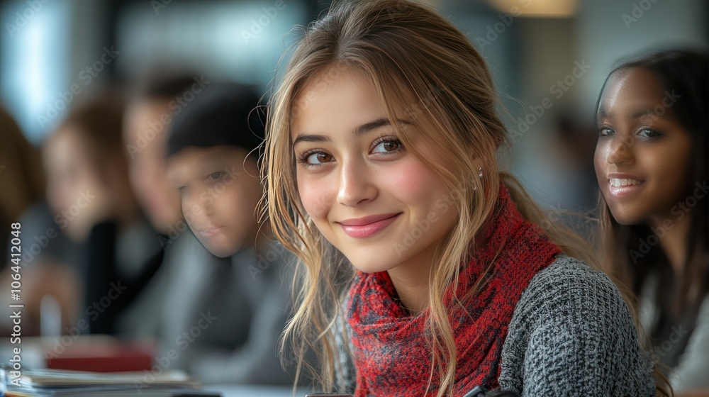A multi-ethnic group of students collaborating on a project in a bright classroom. A multi-ethnic group of students collaborating on a project in a bright classroom.