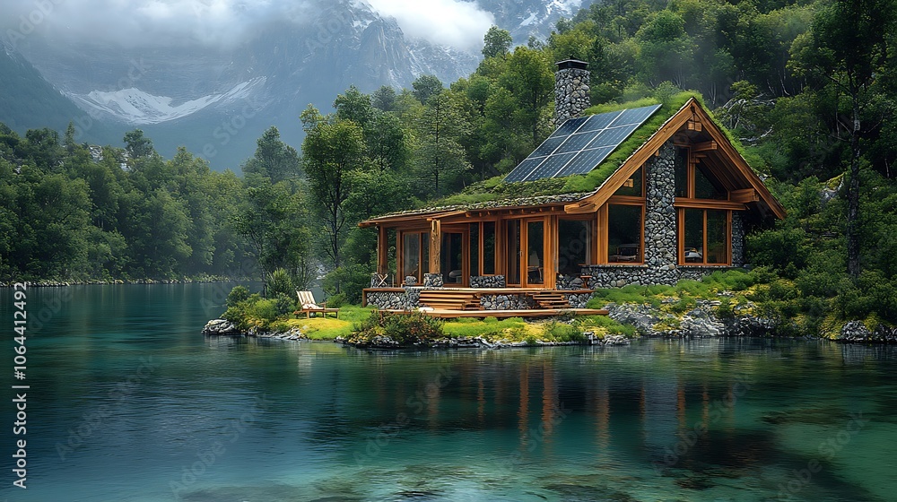 Naklejka premium A modern, sustainable cabin with a green roof sits on a small island in a serene mountain lake.