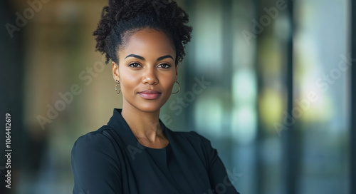 Confident Businesswoman in Professional Attire with Natural Hair in Modern Office Setting