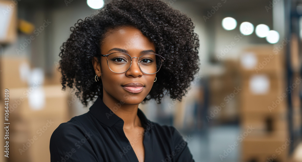 Confident Businesswoman in Warehouse Setting with Stylish Glasses and Natural Hair Confident Businesswoman in Warehouse Setting with Stylish Glasses and Natural Hair