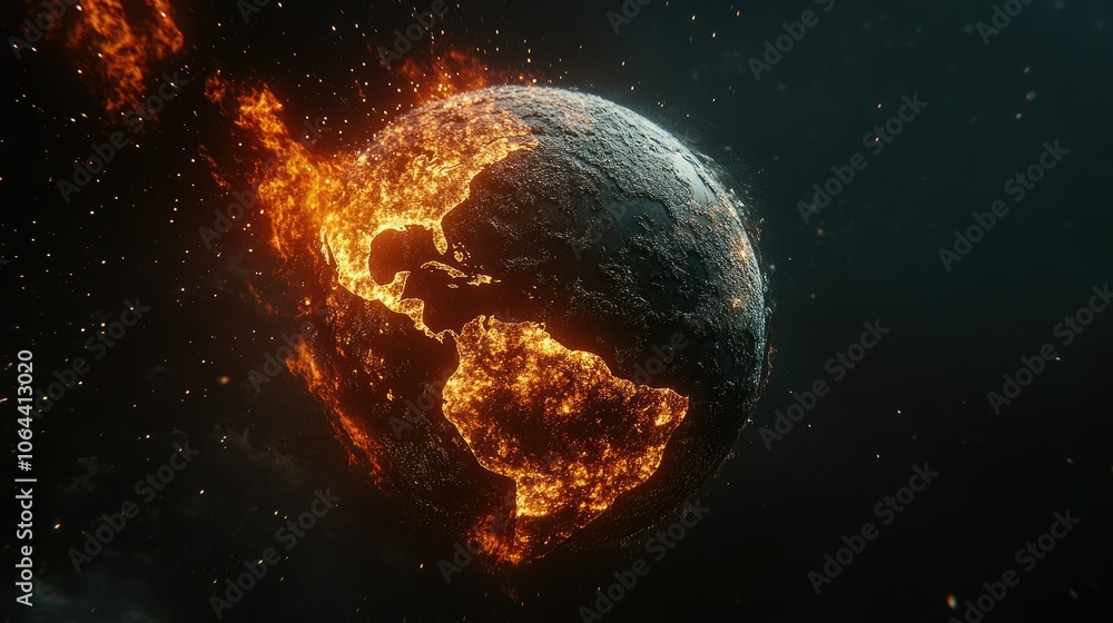 Fiery Planet Earth in Cosmic Space Scene Fiery Planet Earth in Cosmic Space Scene