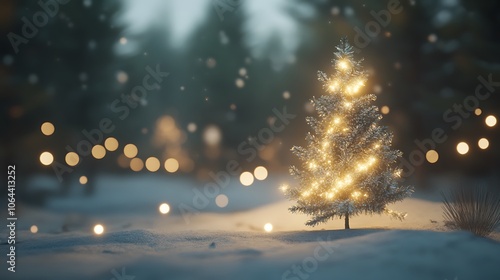 A Single Christmas Tree with Lights in a Snowy Forest