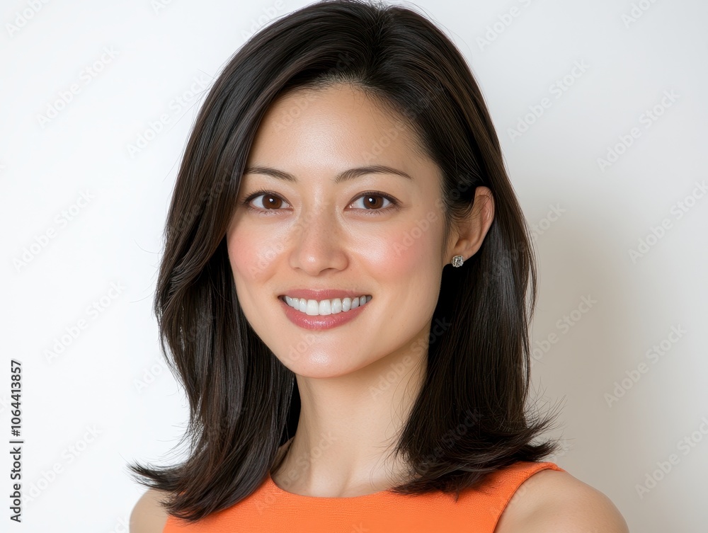 Joyful Asian Woman in Peach Dress Smiling on White Background Joyful Asian Woman in Peach Dress Smiling on White Background