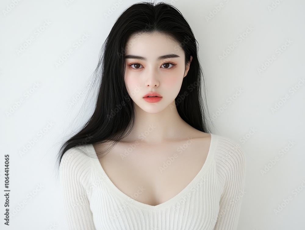 Asian Female Model with Silky Hair in Minimalist Outfit in Soft Evening Light Asian Female Model with Silky Hair in Minimalist Outfit in Soft Evening Light