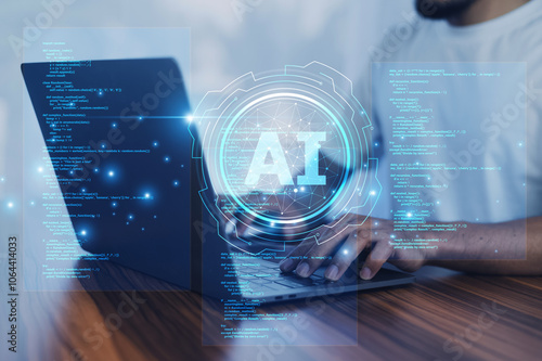 Obraz na płótnie Programmer use AI technology to generate code suggestions, providing real-time assistance for faster development and reducing repetitive coding tasks. w salonie