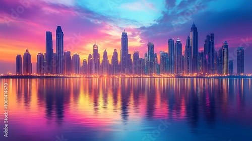 A colorful sunset over a modern cityscape reflected in the water.