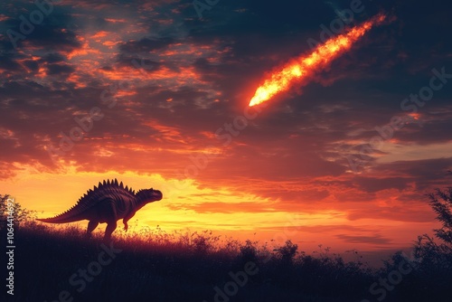 Fototapeta Naklejka Na Ścianę i Meble -  Cosmic collision: the fall of an asteroid with its fragments, depicting the destruction and chaos unleashed upon dinosaurs, symbolizing the end of an era through powerful imagery of nature's force.