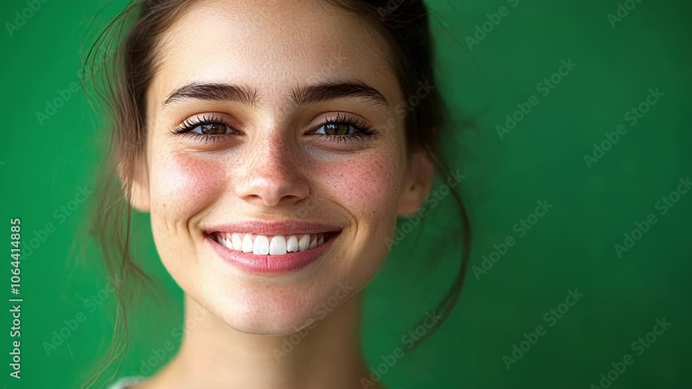 Close up of a woman with freckles smiling on a green screen background. Ideal for projects related to beauty, happiness, and positivity Close up of a woman with freckles smiling on a green screen background. Ideal for projects related to beauty, happiness, and positivity