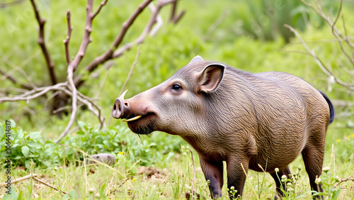 Wild animal in nature. Red River Hog Potamochoerus porcus or Bush Pig in Africa Savanna photo