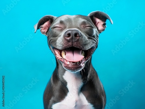 A black and white dog with its mouth open and tongue out