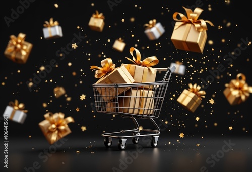 "Floating Gift Boxes with Shopping Cart on Dark Background"