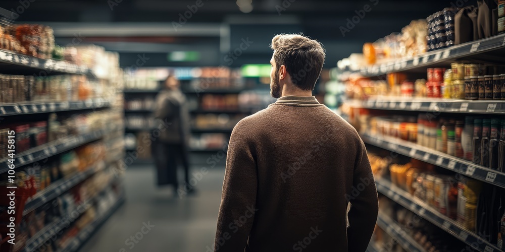 Young man browsing the aisles of a supermarket. Young man browsing the aisles of a supermarket.