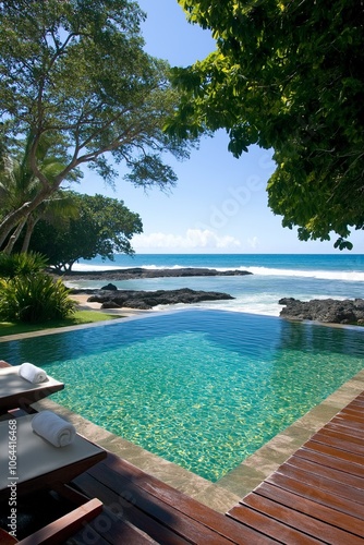 Relax by the shimmering resort pool overlooking the ocean and tropical paradise on a sunny day