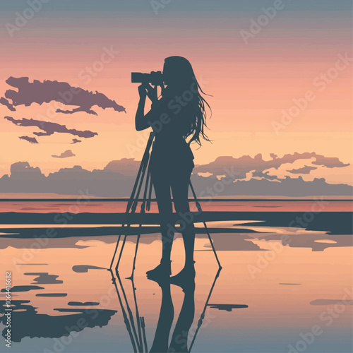 silhouette of a female photographer with long hair stands on the beach