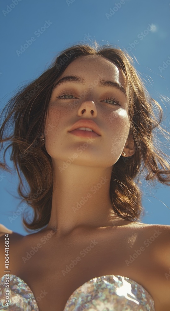 Portrait of a woman against a blue sky. Portrait of a woman against a blue sky.
