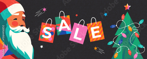 Christmas Holidays Sale web banner, horizontal poster, flyer with bright colourful design with Santa Claus, Christmas tree, shopping bags on night black background. Xmas Design template for ads promo