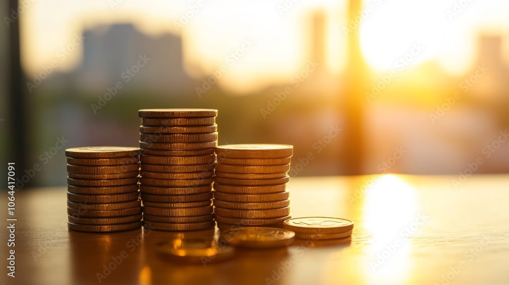 Stacks of coins on a table, sunset background Stacks of coins on a table, sunset background